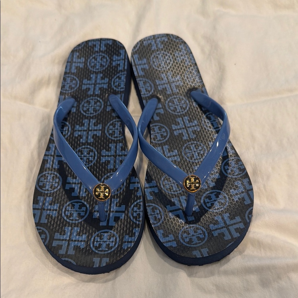 Tory Burch Blue Logo Pattern Flip Flops with Gold Emblem